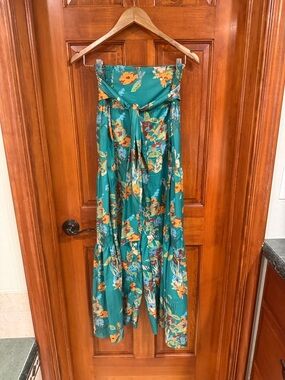 Teal Floral wide leg pants  with Tie Front